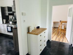 a kitchen with a white chest of drawers and a table at Guesthouse Tulln in Tulln
