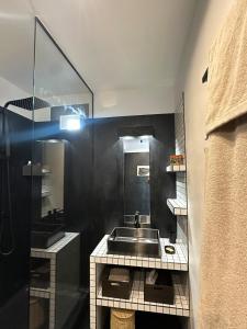 een badkamer met een wastafel en een spiegel bij design apartment in Parijs