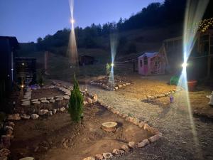 a backyard at night with lights and a tent at Panorama Lupilor in Coleşti