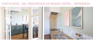 two pictures of a kitchen with a sink and a counter at T h e - P L A I C E in Wimereux +37 photos