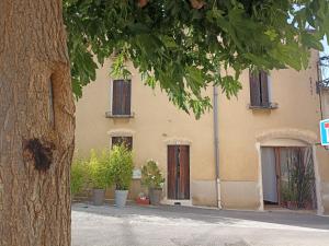 een geel gebouw met potplanten ervoor bij Studio privé - maison de village in Valensole +6 foto's