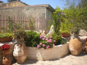 a garden with several large vases filled with flowers at Marias Alikambos in Alikampos