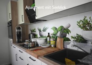 a kitchen counter with plants and a sink at Ferienwohnungen Hafendorf Müritz in Rechlin