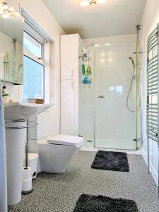 a bathroom with a shower and a toilet and a sink at Aberfall Private Luxury Villa Indoor Pool Hot Tub Gym Cinema in Goxhill