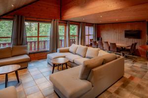 a living room with couches and a table and chairs at Bakkebyvegen 7A in Trysil