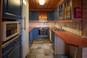a small kitchen with blue cabinets and a sink at Bakkebyvegen 7A in Trysil