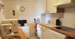 a small kitchen with a refrigerator and a sink at Appartement plein centre à 300m de la plage in Le Touquet-Paris-Plage