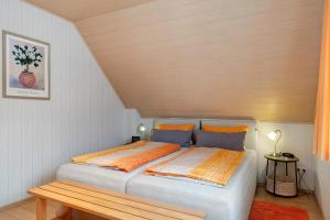 バート・クロツィンゲンにあるFerienwohnung 2 Haus Schmiedewegのベッド(オレンジ&ブルーの枕付)