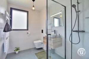 a bathroom with a shower and a toilet and a sink at Les asphodeles in Muzillac +22 photos