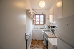 a white kitchen with a sink and a refrigerator at La maison de Mina in Olmeto
