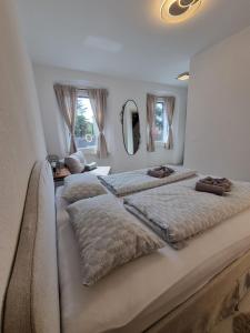 a bedroom with two beds and two mirrors at Rozalija house - Počitniška hiša z vrtom ob reki Soči v Solkanu in Solkan