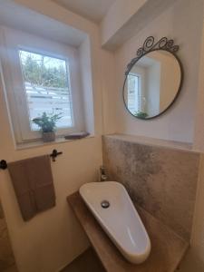 a bathroom with a sink and a mirror at Rozalija house - Počitniška hiša z vrtom ob reki Soči v Solkanu in Solkan +16 photos