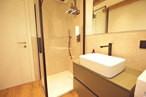 un baño con lavabo y ducha en Guest House Dezulian, en Castello di Fiemme