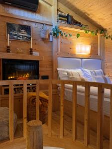 a bedroom with a fireplace in a log cabin at Hotel Borjomi Verde in Borjomi