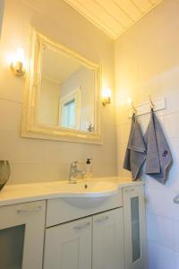 un bagno con lavandino e specchio di Hideout Villa Swan a Säräisniemi
