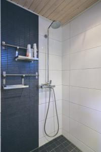 un bagno con doccia con porta in vetro di Hideout Villa Swan a Säräisniemi