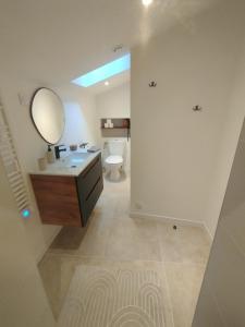 a bathroom with a sink and a mirror and a toilet at Duplex centre historique - Château et Loire - tout confort élégant et calme in Saumur