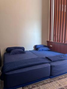 two blue beds in a room with a window at Lora House in Sukoharjo +18 photos