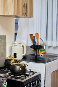 two pots sitting on top of a stove in a kitchen at Happy Homes Airbnbs- Kikuyu in Nairobi