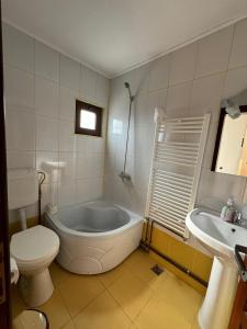 a bathroom with a tub and a toilet and a sink at Pensiunea Namaesti - Inchiriere integrala in Nămăeşti +27 photos