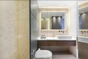 a bathroom with a toilet and a sink and a mirror at Elite Penthouse prime location in Copenhagen