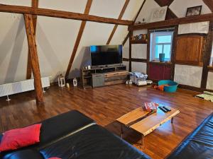a living room with a couch and a tv at Ferienhaus Wagner in Bad Königshofen im Grabfeld