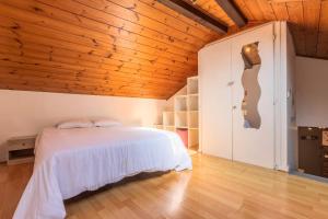 Un dormitorio con una cama y un techo de madera. en Le Central, en Thonon-les-Bains