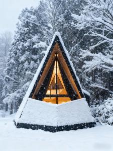 a tree house in the snow in front of a forest at Kokage Villa Nikko-KVN in Nikko
