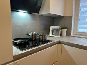 two pots and pans on a stove in a kitchen at Weitblick Neviges in Velbert