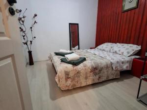 a bedroom with a bed and a table with towels on it at Casa de vacanță cu 4 camere Varlaam in Varlaam