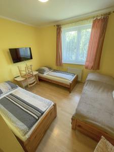 a room with two beds and a television in it at Penzion & Restaurace Kozabar in Luby