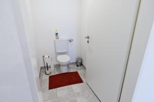 a bathroom with a toilet and a red rug at Ferienwohnung Zirbitzblick in Fohnsdorf