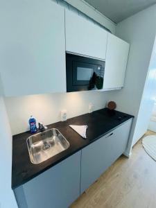 una cocina con fregadero y microondas en Copenhagen Getaway Cute Studio for Two 5, en Copenhague