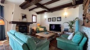 レ・ゾルにあるVilla Les Chemins Croisésのリビングルーム(緑のソファ2台、暖炉付)