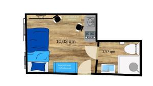 een plattegrond van een klein appartement met meubilair bij ModernesMiniZimmer-Stadtnah-SelfCheckIn-Parkplatz in Neurenberg