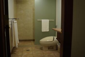 a bathroom with a toilet and a shower with towels at Sand Rose Hotel Apartments in Al Khobar +73 photos