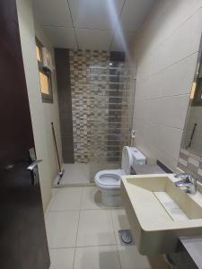 a bathroom with a toilet and a sink and a mirror at شقق الهجرة 101 in Al Madinah