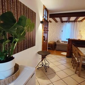 a living room with a table and a plant at La Monta Cosy in Saint-Égrève