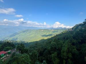 an aerial view of a forested hill with mountains in the background at ukiyo homes in Darjeeling +7 photos