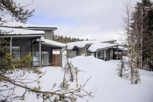 a house in the snow with snow covered trees at RUKALODGE - High quality Lodges with saunas and extras. in Ruka