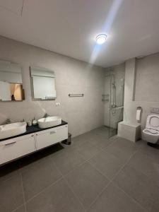 a bathroom with two sinks and a shower and a toilet at Vila Aleksandar in Orašac