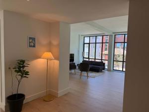 オーデンセにあるCentral Odense Lovely Apartmentのリビングルーム(ソファ、ランプ付)