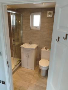 Un baño con inodoro, ducha y lavabo. en Studio house, en Bickley