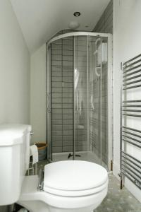 a bathroom with a toilet and a glass shower at Louisa's Loft in Enniskillen +13 photos