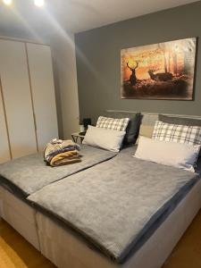 1 cama grande en un dormitorio con una pintura en la pared en Ferienwohnung Christine, en Tanzfleck