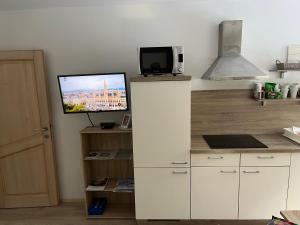 a kitchen with a tv on top of a white refrigerator at Triglav NP Apartment - above Bled in Zgornje Gorje +22 photos