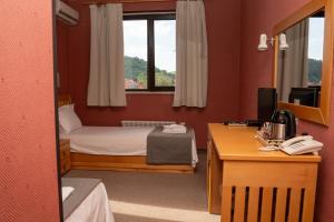 a bedroom with a bed and a desk with a computer at Hotel DEMETRA in Berkovitsa +43 photos