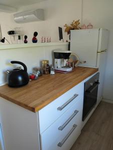 una cucina con piano di lavoro in legno e frigorifero di Håstrups Natur Perle a Faaborg