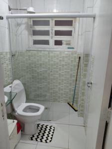 Un baño con inodoro y ducha de cristal. en Apartamento Mirim, en Praia Grande