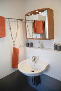 a bathroom with a sink and a mirror at Ferienwohnung Im Schiller in Wiesenbronn